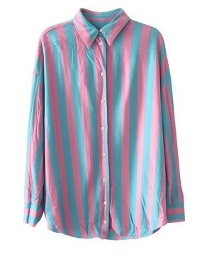 Zara Oversized Lightweight Striped Button-Down Shirt - Size S pink blue